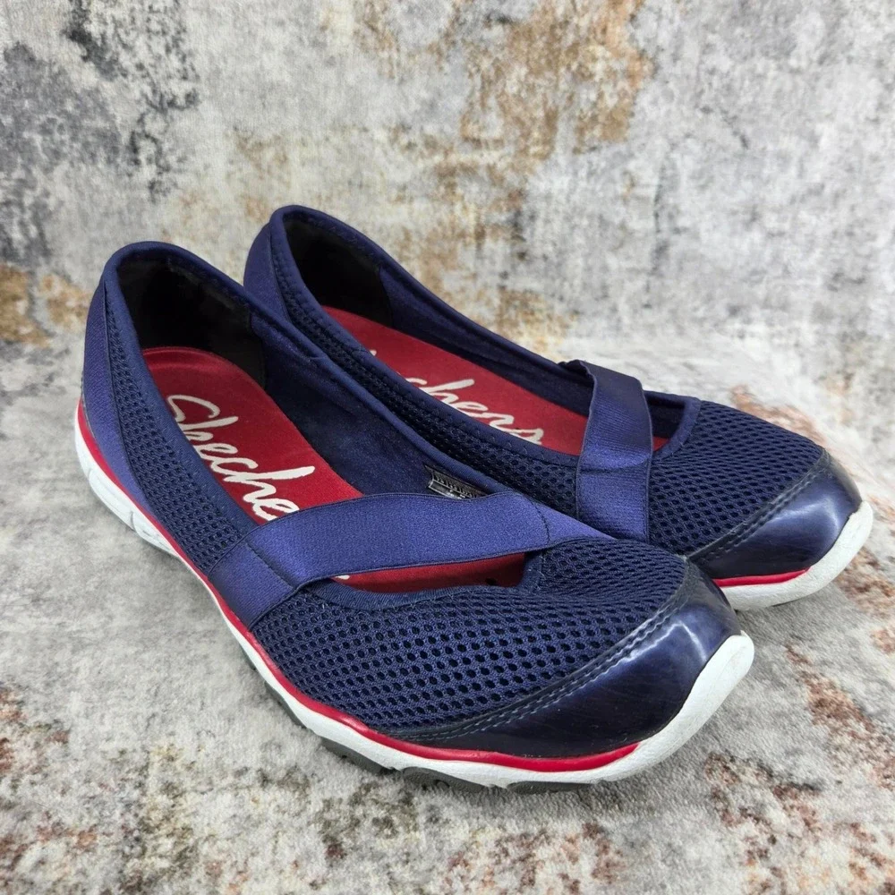 Skecher Mesh Mary Jane Slip On Walking Shoes Womens 7.5 Navy Blue 22108 Comfort
